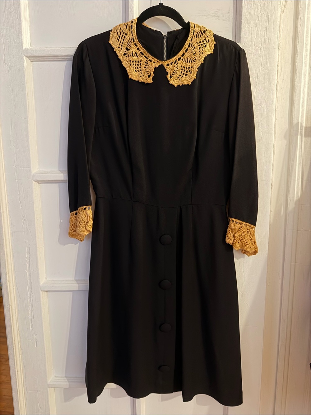 Vintage Black Dress with Crochet Collar and Cuffs